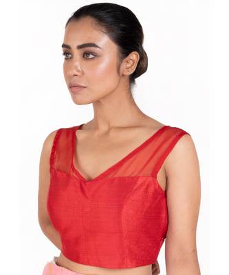 Red Rawsilk Padded Blouse With Sheer Organza Detailing 2