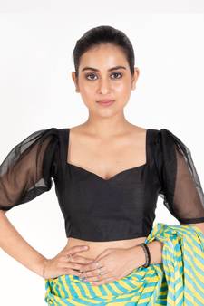 Black Raw Silk Padded Blouse With Puff Organza Sleeves