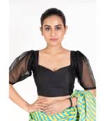 Black Raw Silk Padded Blouse With Puff Organza Sleeves