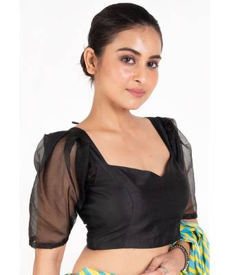 Black Raw Silk Padded Blouse With Puff Organza Sleeves 2