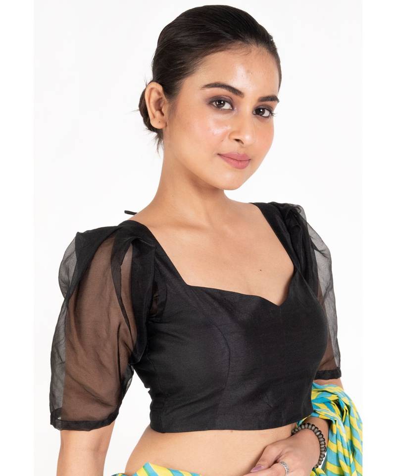 Black Raw Silk Padded Blouse With Puff Organza Sleeves