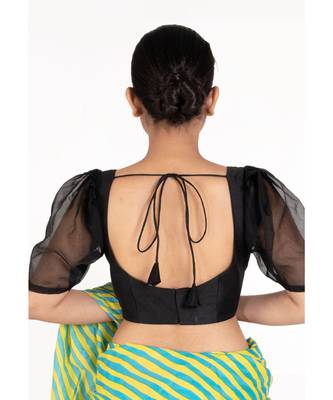 Black Raw Silk Padded Blouse With Puff Organza Sleeves 3