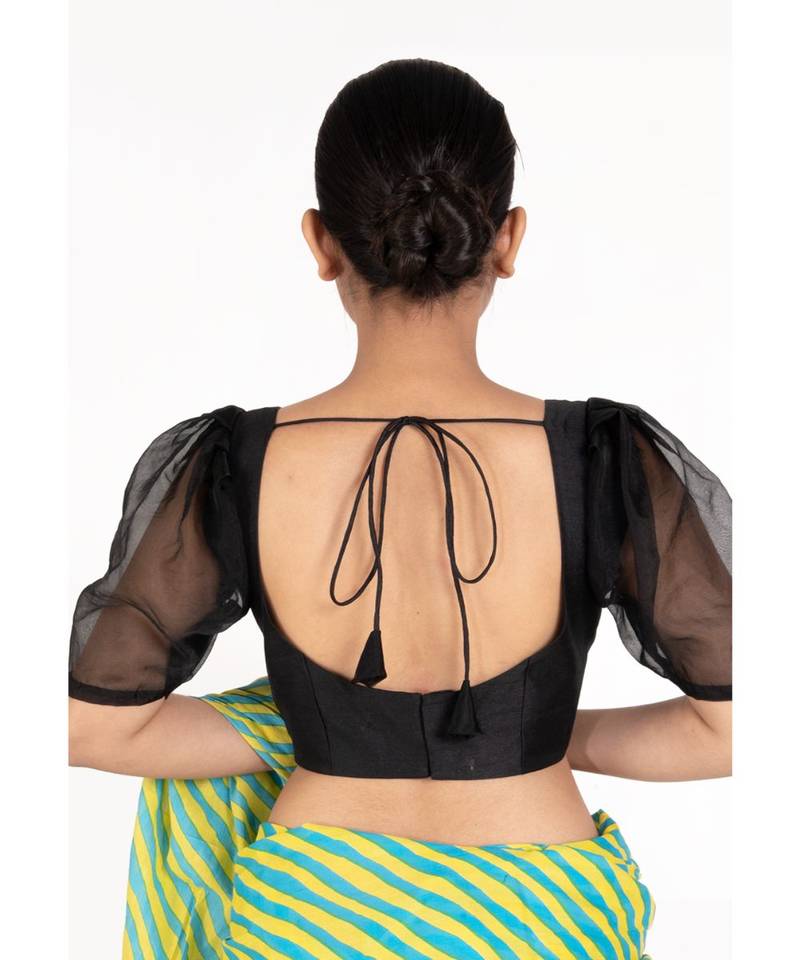 Black Raw Silk Padded Blouse With Puff Organza Sleeves