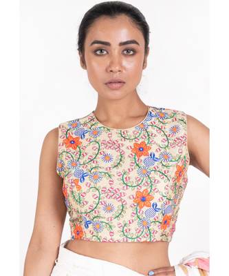 Beige Embroidered Rawsilk Padded Blouse With Back Dori Design 1