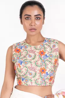 Beige Embroidered Rawsilk Padded Blouse With Back Dori Design