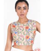 Beige Embroidered Rawsilk Padded Blouse With Back Dori Design