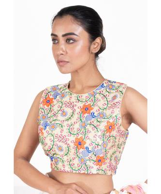 Beige Embroidered Rawsilk Padded Blouse With Back Dori Design 2