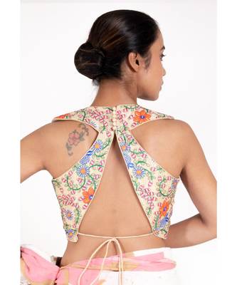 Beige Embroidered Rawsilk Padded Blouse With Back Dori Design 3