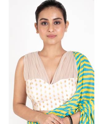 Ivory Borcade Padded Blouse With Gathhered Net Front And Back Design 1
