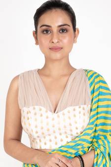 Ivory Borcade Padded Blouse With Gathhered Net Front And Back Design