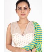 Ivory Borcade Padded Blouse With Gathhered Net Front And Back Design