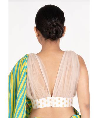 Ivory Borcade Padded Blouse With Gathhered Net Front And Back Design 3