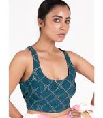 Teal Faux Mukaish Crepe Padded Blouse With Back String Design