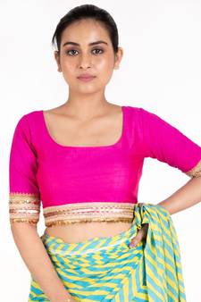Pink Rawsilk Padded Blouse With Golden Lace Detailing