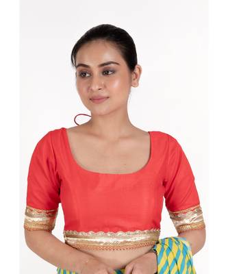 Red Rawsilk Padded Blouse With Golden Lace Detailing 1
