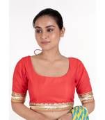 Red Rawsilk Padded Blouse With Golden Lace Detailing