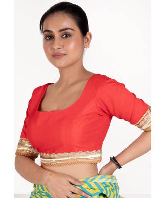 Red Rawsilk Padded Blouse With Golden Lace Detailing 2