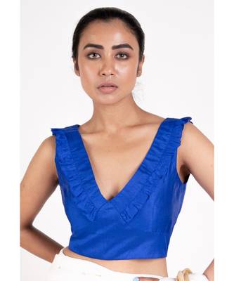 Royal Blue Rawsilk Padded Blouse With Ruffel Design 1