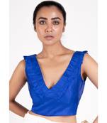 Royal Blue Rawsilk Padded Blouse With Ruffel Design