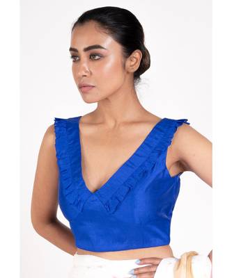 Royal Blue Rawsilk Padded Blouse With Ruffel Design 2