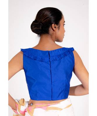 Royal Blue Rawsilk Padded Blouse With Ruffel Design 3