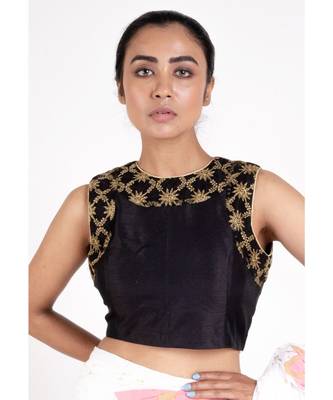 Black Rawsilk  Padded Blouse With Embroidered Net Neck Line And Front Panel 1
