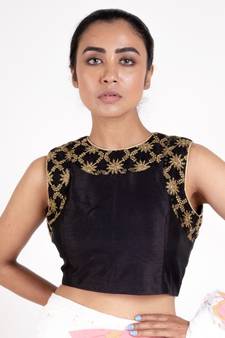 Black Rawsilk  Padded Blouse With Embroidered Net Neck Line And Front Panel