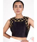Black Rawsilk  Padded Blouse With Embroidered Net Neck Line And Front Panel