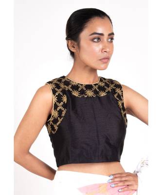 Black Rawsilk  Padded Blouse With Embroidered Net Neck Line And Front Panel 2