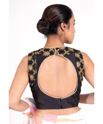 Black Rawsilk  Padded Blouse With Embroidered Net Neck Line And Front Panel 3