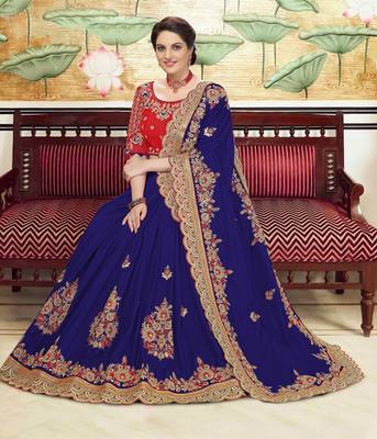 Trendmalls Blue Embroidered Satin Party Wear Saree With Blouse 1