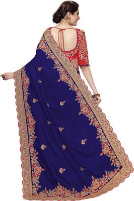 Trendmalls Blue Embroidered Satin Party Wear Saree With Blouse 2