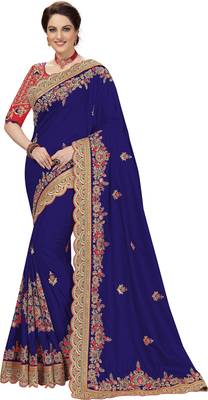 Trendmalls Blue Embroidered Satin Party Wear Saree With Blouse 3