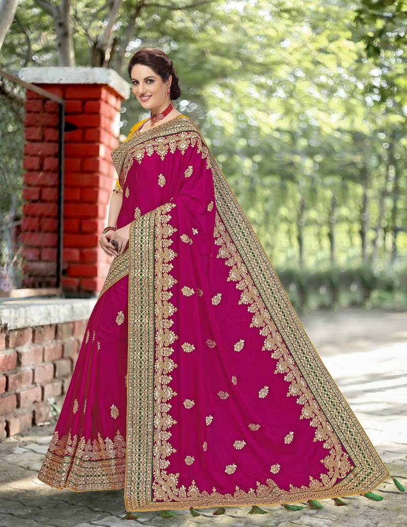 Pink Embroidered Satin Party Wear Saree With Blouse