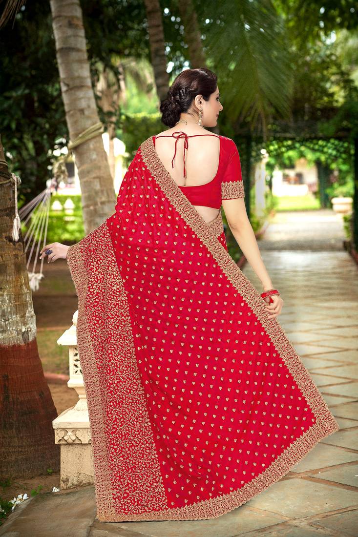 Trendmalls Red Embroidered Silk Party Wear Saree With Blouse