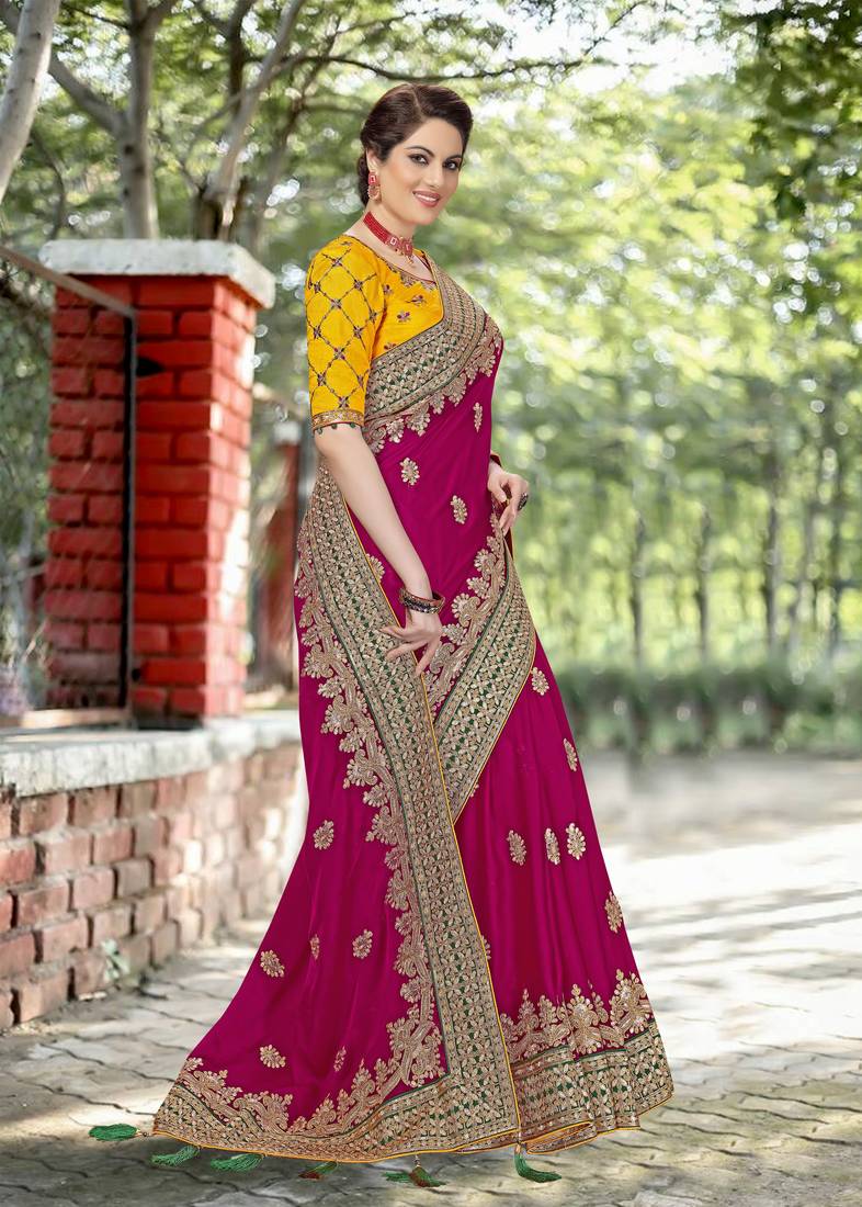 Pink Embroidered Satin Party Wear Saree With Blouse