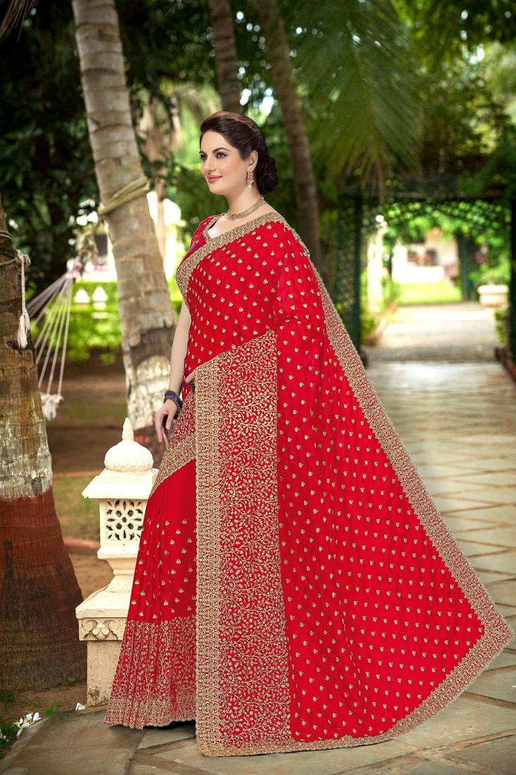 Trendmalls Red Embroidered Silk Party Wear Saree With Blouse