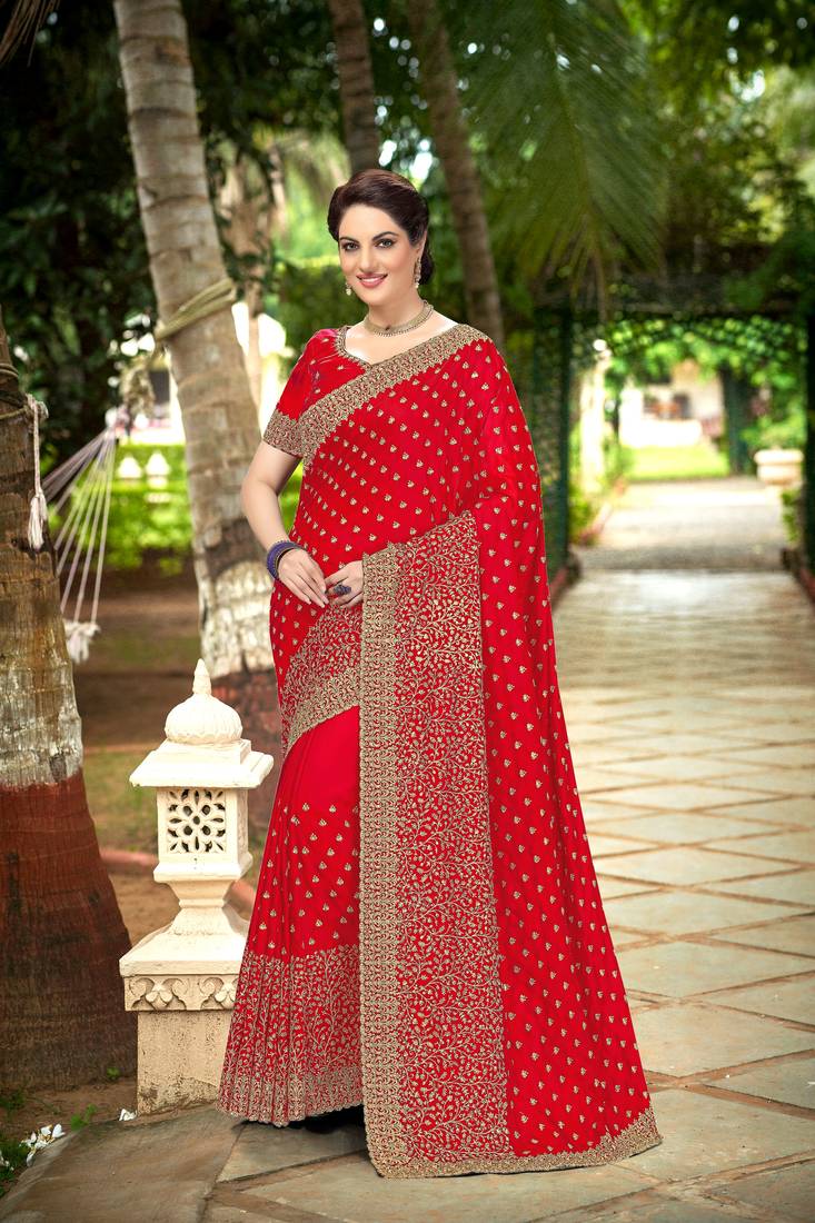 Trendmalls Red Embroidered Silk Party Wear Saree With Blouse