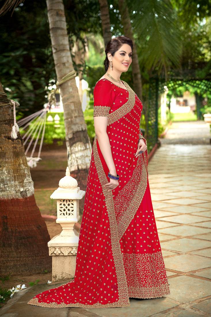 Trendmalls Red Embroidered Silk Party Wear Saree With Blouse