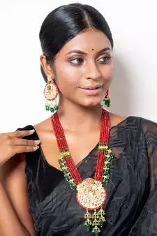 Red Crystal Necklace Set With Golden Pendant And Meenakari