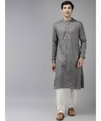 Men Grey & Beige Woven Design Thread Work Kurta With Pyjama 1