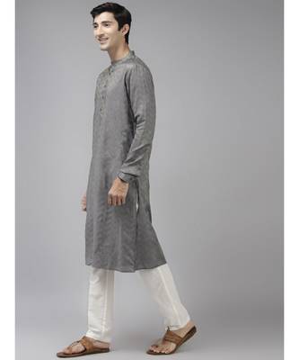Men Grey & Beige Woven Design Thread Work Kurta With Pyjama 5