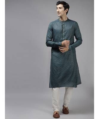 Men Teal & Beige Woven Design Thread Work Kurta With Pyjama 1