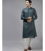 Men Teal & Beige Woven Design Thread Work Kurta With Pyjama