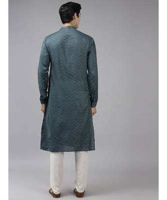 Men Teal & Beige Woven Design Thread Work Kurta With Pyjama 2