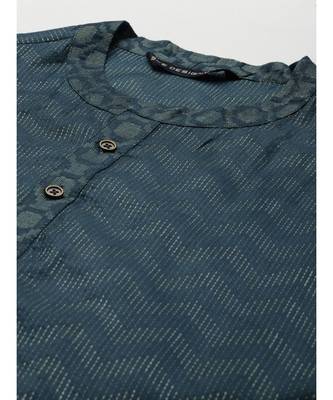 Men Teal & Beige Woven Design Thread Work Kurta With Pyjama 3