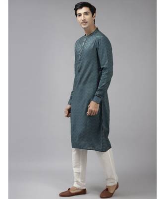 Men Teal & Beige Woven Design Thread Work Kurta With Pyjama 5