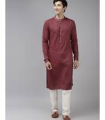 Men Burgundy & Beige Woven Design Thread Work Kurta With Pyjama