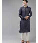 Men Blue & Beige Woven Design Thread Work Kurta With Pyjama