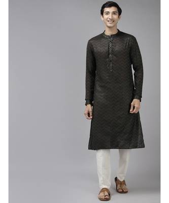 Men Olive & Beige Woven Design Thread Work Kurta With Pyjama 1